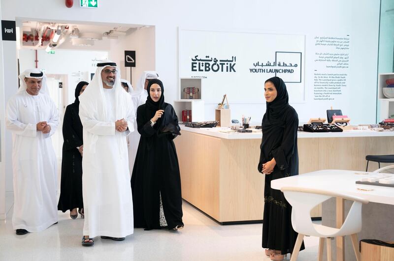 Sheikh Khalid bin Mohamed, Member of the Abu Dhabi Executive Council and Chairman of the Abu Dhabi Executive Office, visits the Abu Dhabi Youth Centre on Wednesday. He is accompanied by Shamma Al Mazrui, Minister of State for Youth Affairs. Wam