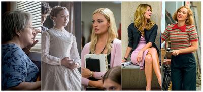 This combination of photos shows best supporting actress Oscar nominees, from left, Kathy Bates in "Richard Jewell," Florence Pugh in "Little Women," Margot Robbie in "Bombshell," Laura Dern in "Marriage Story," and Scarlett Johansson in "Jojo Rabbit." The 92nd Academy Awards will take place Feb. 9 in Los Angeles at the Dolby Theatre. (Warner Bros./Sony/Lionsgate/Netflix/Fox Searchlight via AP)