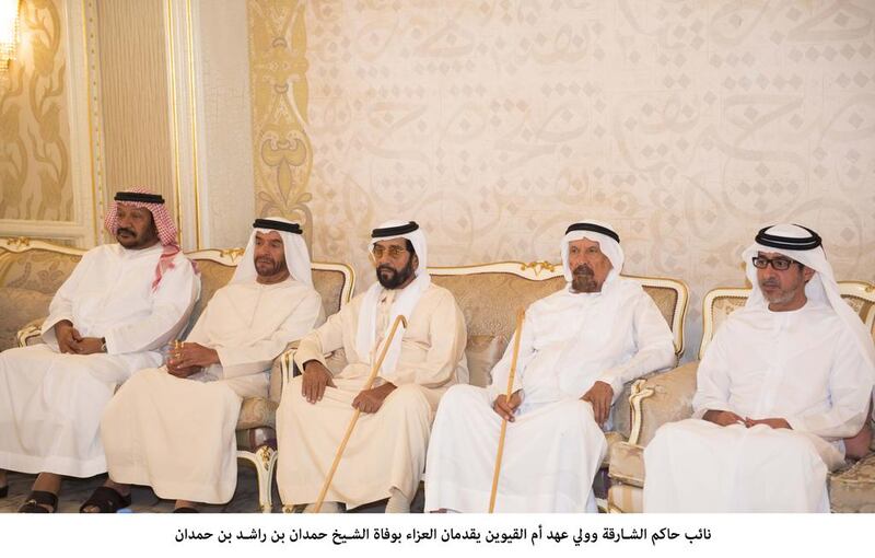 Sheikh Abdullah bin Salem bin Sultan Al Qasimi, Deputy Ruler of Sharjah and Deputy Chairman of the Executive Council and Sheikh Rashid bin Saud bin Rashid Al Mu’alla, Crown Prince of Umm Al Quwain, have offered condolences to Sheikh Tahnoun bin Mohammed, Abu Dhabi Ruler`s Representative in the Eastern Region and Sheikh Rashid bin Hamdan bin Mohammed Al Nahyan, on the death of his son Sheikh Hamdan, at his palace.