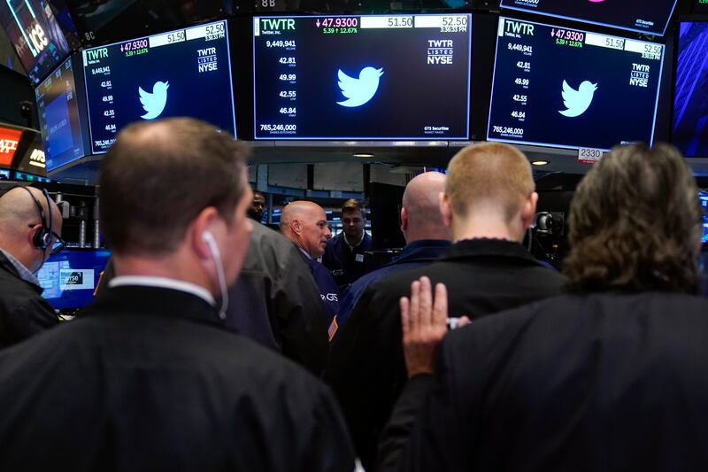 Twitter share information displayed on the floor of the New York Stock Exchange as deadline to reach a deal with Elon Musk approaches. AP Photo