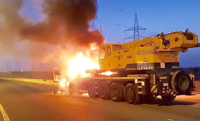 A lorry fire caused delays in Sharjah this morning. Courtesy Sharjah Police