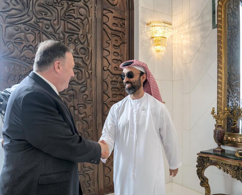 ABU DHABI, UNITED ARAB EMIRATES - September 19, 2019: HH Sheikh Tahnoon bin Zayed Al Nahyan, UAE National Security Advisor (R), greets Michael R Pompeo, Secretary of State of the United States of America (R),prior to a meeting the Sea Palace


( Mohamed Al Hammadi / Ministry of Presidential Affairs )
---