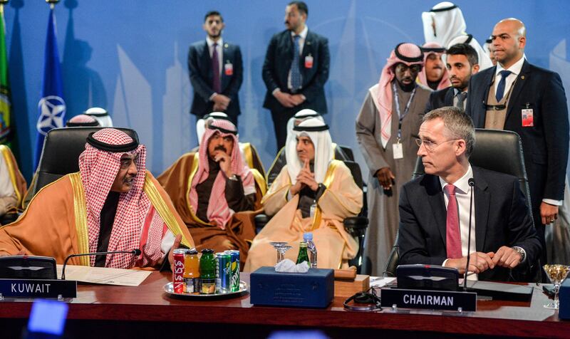 Kuwaiti first deputy prime minister and foreign minister Sheikh Sabah Khalid Al Sabah, left, with Nato secretary general, Jens Stoltenberg, right, at a meeting between the North Atlantic Council and Istanbul Cooperation Initiative in Kuwait City on January 24, 2017. Raed Qutena/EPA