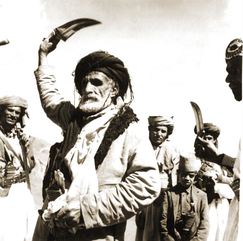 sheikh from Hamdan tribe dancing with khanajeer daring to 1952

Courtesy National Center for Documentation and Research.