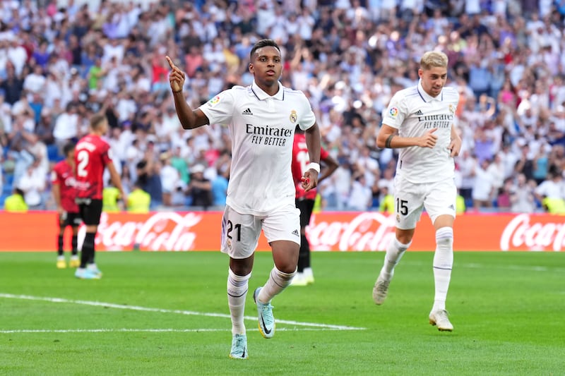 Rodrygo celebrates after scoring Real Madrid's third goal. Getty