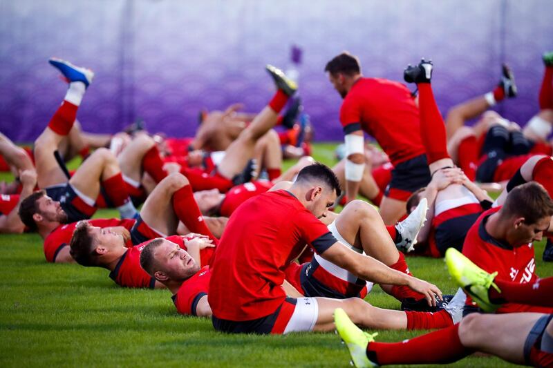 Wales players take part in a team training session in Tokyo. AFP