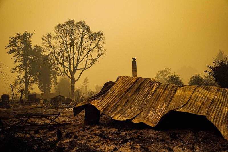 The charred remains of the Gates Elementary School, which was being used as a staging ground by firefighters, are seen after the passage of the Santiam Fire in Gates, Oregon. AFP