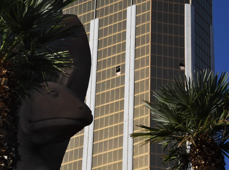 The broken windows in the Mandalay Hotel on the Las Vegas Strip. Mark Ralston / AFP