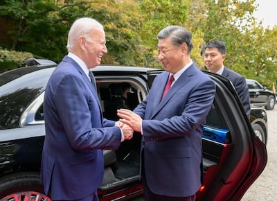 US President Joe Biden escorts Chinese President Xi Jinping to his car to bid farewell after their talks in San Francisco, California, US, on November 15. EPA 