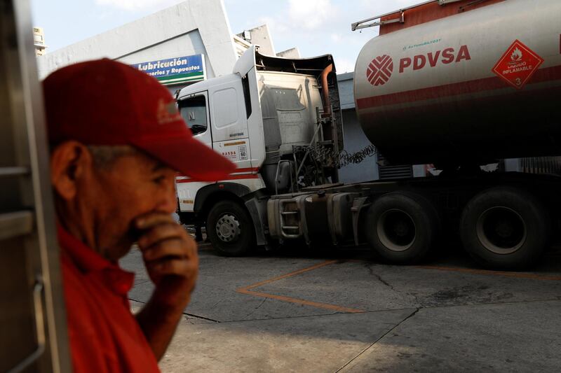 The corporate logo of the Venezuelan oil company PDVSA is seen on a tank truck at a state-owned gas station in Caracas, Venezuela January 28, 2019. REUTERS/Manaure Quintero NO RESALES. NO ARCHIVES.