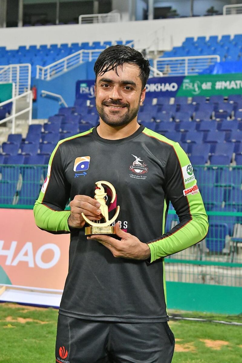 Rashid Khan took five for 20 as Lahore Qalandars beat Peshawar Zalmi by 10 runs at the Zayed Cricket Stadium. Courtesy PCB