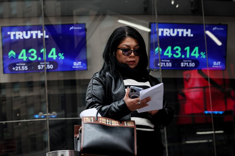 The Truth Social share price is displayed at the Nasdaq Market, in New York City, on March 26. The value of shares has since dropped. Reuters