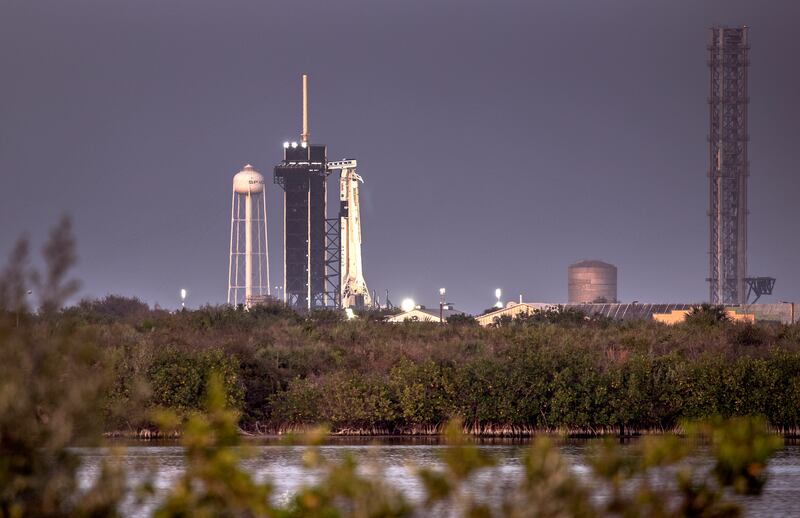 The SpaceX Falcon 9 rocket with the company's Crew Dragon spacecraft onboard on the launch pad. EPA