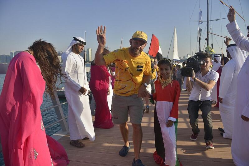 “Hi, so good to be back” says Azzam skipper Ian Walker as he’s escorted Emirati style up the Corniche Village jetty on Saturday at the conclusion of the second leg of the Volvo Ocean Race in Abu Dhabi. Photo Courtesy / Volvo Ocean Race