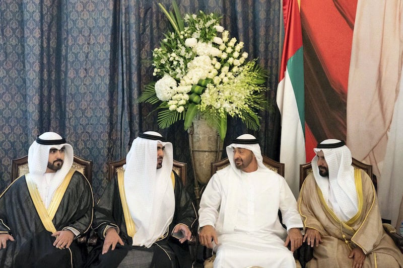 ABU DHABI, UNITED ARAB EMIRATES - June 08, 2019: HH Sheikh Mohamed bin Zayed Al Nahyan, Crown Prince of Abu Dhabi and Deputy Supreme Commander of the UAE Armed Forces (2nd R), attends the wedding reception of Hamad bin Kardous Al Ameri (2nd L) and Mansour bin Kardous Al Ameri (L), at the Armed Forces Officers Club. Seen with Mohamed Bin Kardous Al Ameri (R).

( Hamad Al Kaabi / Ministry of Presidential Affairs )​
---