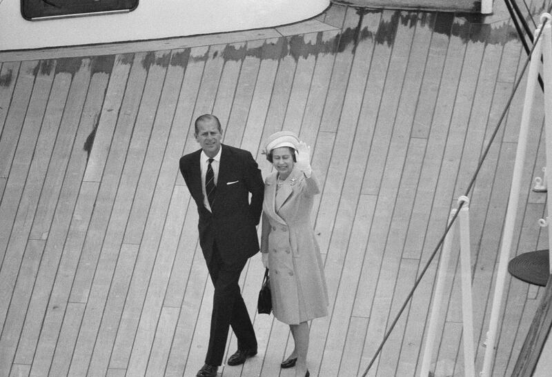 Queen Elizabeth II and Prince Philip during the Royal Progress trip via boat down the River Thames from Greenwich to Lambeth, London, UK, 9th June 1977. (Photo by Evening Standard/Hulton Archive/Getty Images)