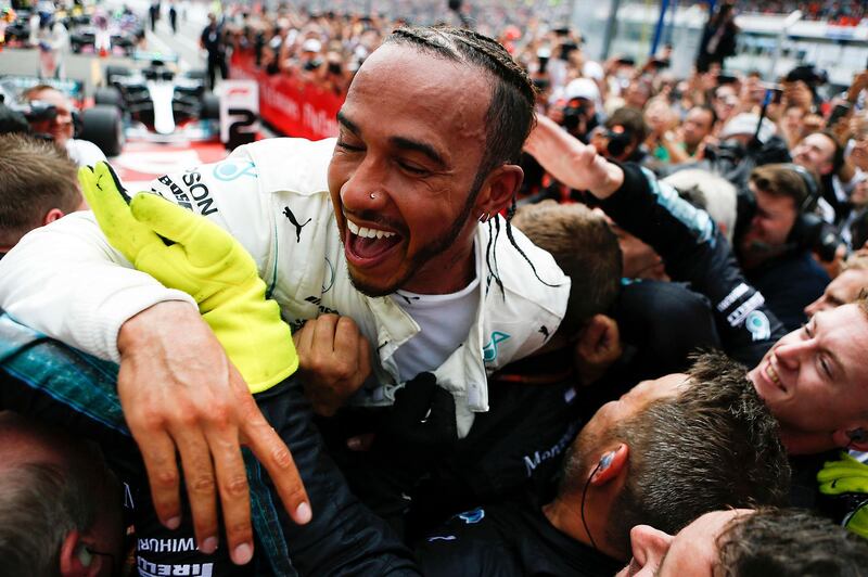 HOCKENHEIMRING, HOCKENHEIM, GERMANY - 2018/07/22: Race winner Lewis Hamilton of Great Britain and Mercedes GP celebrates in parc ferme  during Formula One Grand Prix of Germany. (Photo by Marco Canoniero/LightRocket via Getty Images)