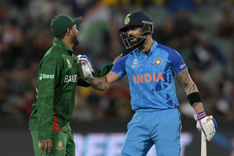 India's Virat Kohli and to Bangladesh's captain Shakib Al Hasan have a word in Adelaide. AFP