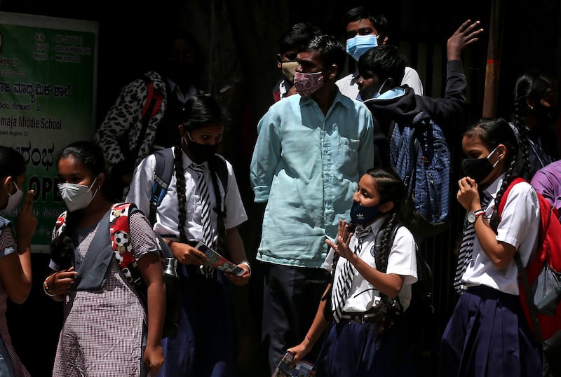 Pupils at a school in Bangalore, in southern Indian state of Karnataka. School-age children have suffered in India as the pandemic forced schools to close for prolonged periods. EPA