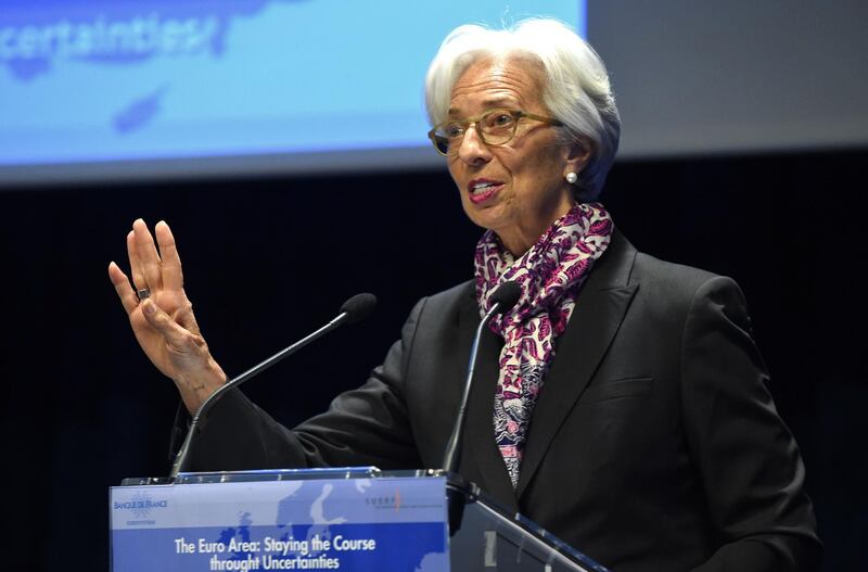 International Monetary Fund (IMF) Managing Director Christine Lagarde speaks during a Symposium on the occasion the 20th anniversary of the euro at the Banque de France, co-organized with the European Money and Finance Forum (SUERF), in Paris on March 28, 2019.  / AFP / ERIC PIERMONT
