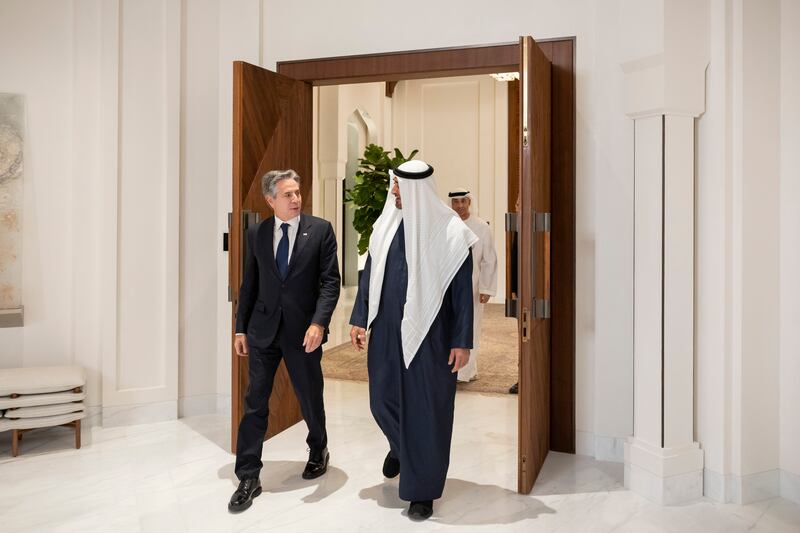 President Sheikh Mohamed and Mr Blinken at Shati Palace, Abu Dhabi. Ryan Carter / UAE Presidential Court 