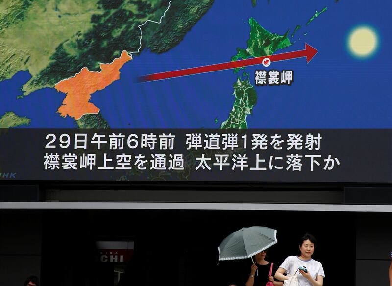 Women walk past a large TV screen showing news about North Korea's missile launch in Tokyo, Japan, August 29, 2017. Kim Kyung-Hoon / Reuters