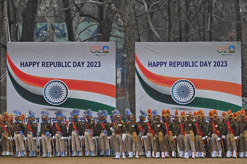 Indian security personnel stand in formation during a Republic Day parade at a stadium in Srinagar. AFP