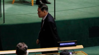 North Korea's Ambassador to the U.N., Ja Song Nam, leaves his seat prior to the arrival of U.S. President Donald Trump to address the 72nd United Nations General Assembly at U.N. Headquarters in New York, U.S., September 19, 2017. REUTERS/Shannon Stapleton