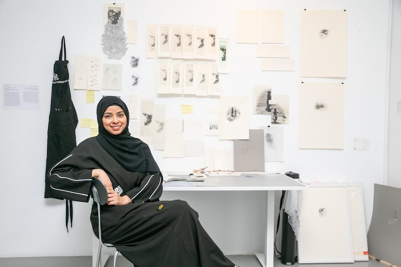 Emirati artist Salama Nasib in her studio. Photo: Tashkeel