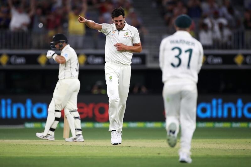 PERTH, AUSTRALIA - DECEMBER 13: Mitchell Starc of Australia celebrates dismissing Neil Wagner of New Zealand during day two of the First Test match between Australia and New Zealand at Optus Stadium on December 13, 2019 in Perth, Australia. (Photo by Cameron Spencer/Getty Images)