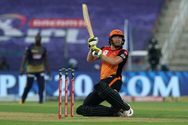 Jonny Bairstow of Sunrisers Hyderabad plays a shot during match 8 of season 13 of the Dream 11 Indian Premier League (IPL) between the Kolkata Knight Riders and the Sunrisers Hyderabad held at the Sheikh Zayed Stadium, Abu Dhabi in the United Arab Emirates on the 26th September 2020. Photo by: Vipin Pawar / Sportzpics for BCCI