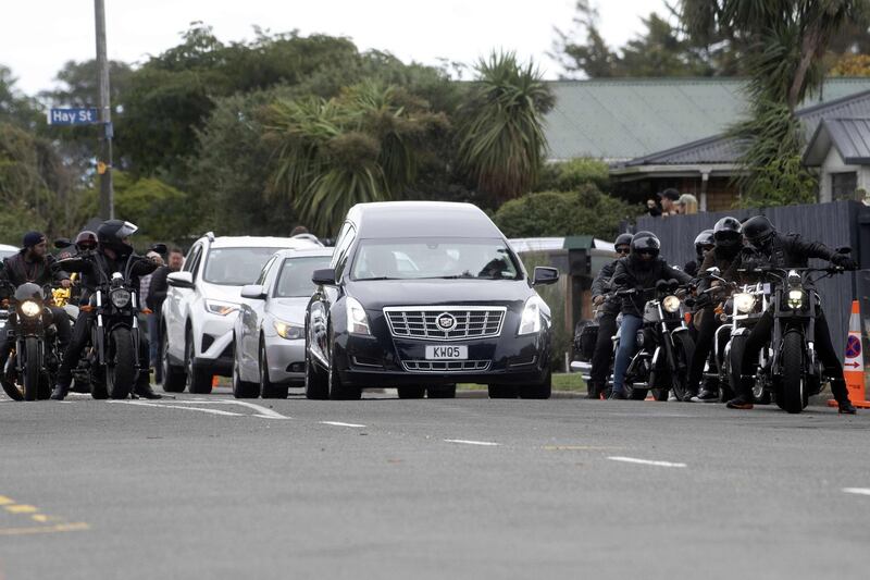 A motorcycle gang provides escort to a hearse transporting the mortal remains of Haji Mohammed Daoud Nabi, killed in New Zealand's twin mosque attacks. AFP