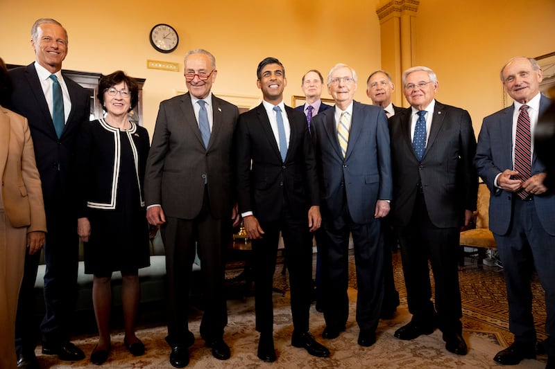 British Prime Minister Rishi Sunak meets with senators including Senate Minority Leader Mitch McConnell on Capitol Hill. AP