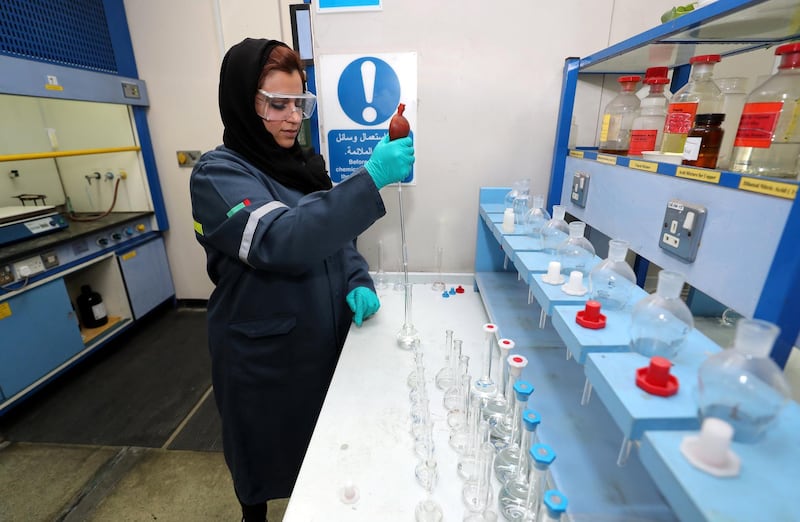 Dubai, United Arab Emirates - March 1st, 2018: Shamsa Al Falasi is an Emirati woman scientist who works as an aluminium lab specialist. Thursday, March 1st, 2018. Jebel Ali, Dubai. Chris Whiteoak / The National