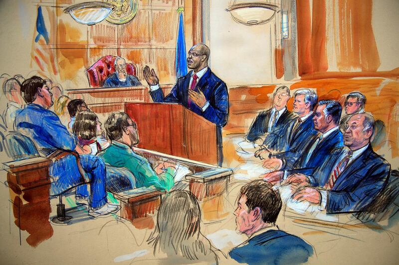 This courtroom sketch depicts Paul Manafort, seated right row second from right, together with his lawyers, the jury, seated left, and the U.S. District Court Judge T.S. Ellis III, back center, listening to Assistant U.S. Attorney Uzo Asonye, standing, during opening arguments in the trial of President Donald Trump's former campaign chairman Manafort's on tax evasion and bank fraud charges. (Dana Verkouteren via AP)