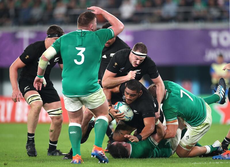Ofa Tuungafasi of New Zealand is tackled by Josh Van Der Flier of Ireland during the Rugby World Cup 2019 Quarter Final match between New Zealand and Ireland at the Tokyo Stadium in Chofu, Tokyo, Japan. Getty Images