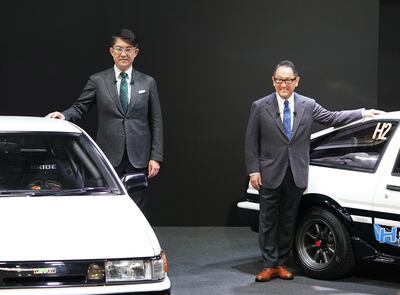 Koji Sato (L), newly appointed president of Toyota Motor, and current president Akio Toyoda attend an event in Chiba. EPA