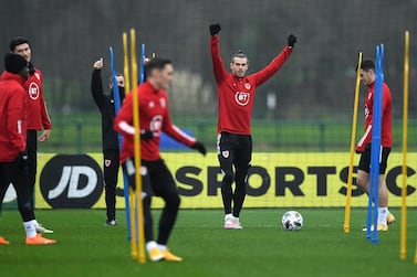 CARDIFF, WALES - NOVEMBER 17: Wales captain Gareth Bale celebrates during a Wales open training session ahead of their UEFA Nations League match against Finland at Vale Resort on November 17, 2020 in Cardiff, Wales. (Photo by Stu Forster/Getty Images)