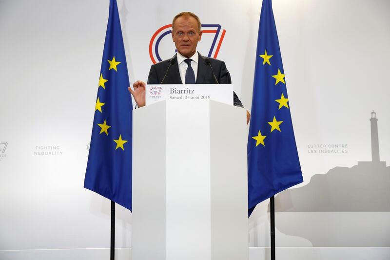 European Council President Donald Tusk speaks during a news conference on the margins of the G7 summit in Biarritz, France. Reuters