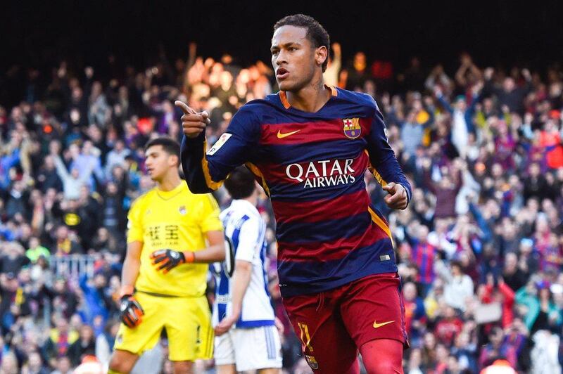 Neymar celebrates after scoring the opening goal during the La Liga match between FC Barcelona and Real Sociedad.  David Ramos/Getty Images