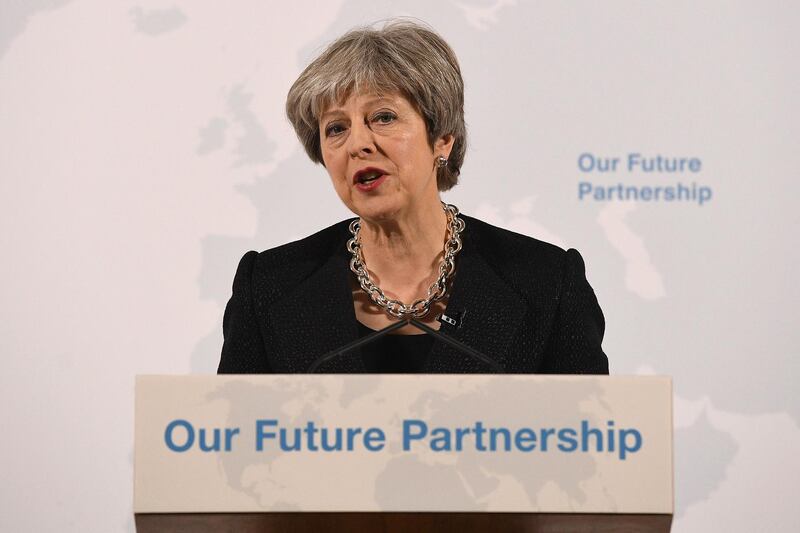 LONDON, ENGLAND - MARCH 02:  British Prime Minister Theresa May delivers a speech at Mansion House on March 2, 2018 in London, England. Theresa May sets out five tests for the future deal between the UK and the EU.  She believes a broad and deep free trade agreement will be achievable and the EU Referendum was a vote to "take control of our borders, laws and money" ... "not a vote for a distant relationship with our neighbours".  (Photo by Leon Neal/Getty Images)