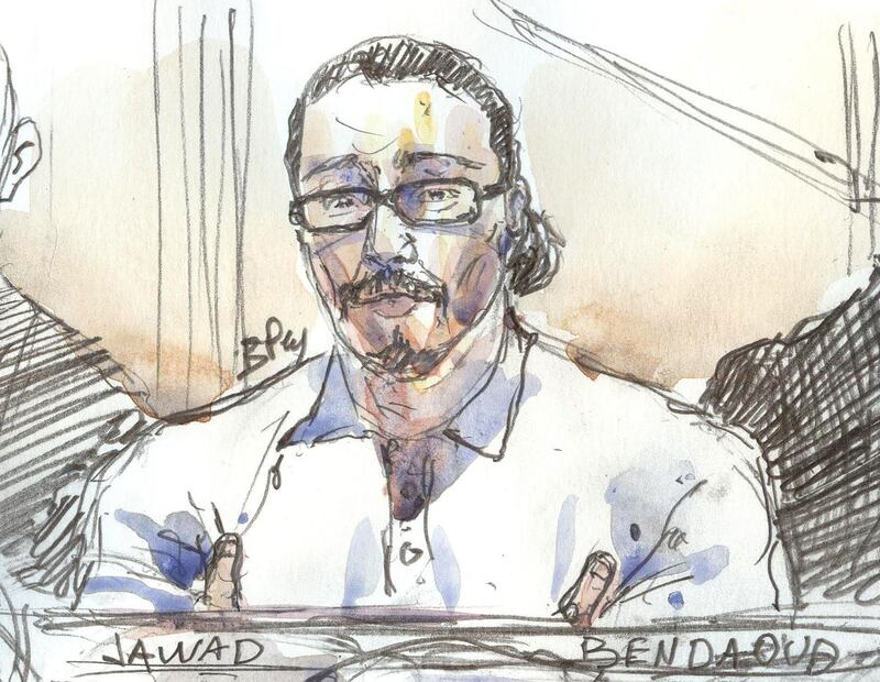 (FILES) This file courtroom sketch created at the palais de Justice court in Paris on January 24, 2018 shows Jawad Bendaoud, accused of harbouring two of the jihadists in the aftermath of the November 2015 Paris attacks, in the dock. 
Jawad Bendaoud, the man who rented his flat to Islamic State jihadists was found not guilty on February 14, 2018 in the first trial stemming from the 2015 Paris attacks that left 130 people dead. Prosecutors had been seeking a four-year jail term for Jawad Bendaoud, though more serious terrorism charges had been dropped after they said there was insufficient evidence that he knew the men were attackers. / AFP PHOTO / Benoit PEYRUCQ