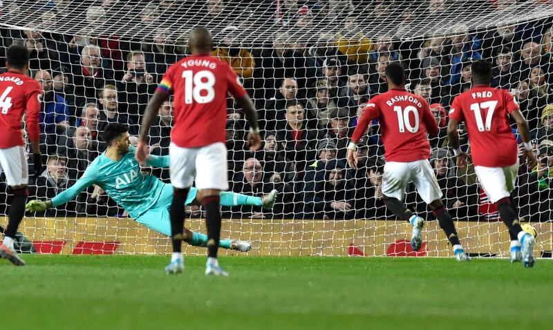 Marcus Rashford scores from the penalty spot to give Manchester United the lead. AP Photo
