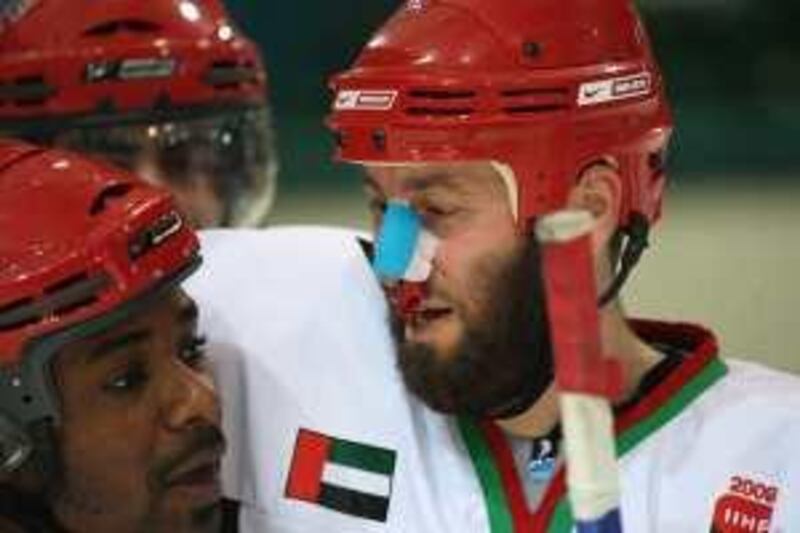 United Arab Emirates - Abu Dhabi - March 16th: Aref Al Jashi Mohammed broke his nose during the game between UAE and Singapore in the Challenge Cup of Asia but returned to finish the game.  (Galen Clarke/The National)  *** Local Caption ***  GC09_03162009_Hockey.jpg