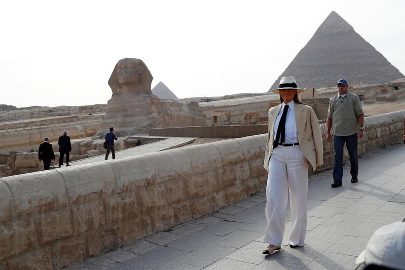 U.S. first lady Melania Trump arrives to tour the pyramids in Cairo, Egypt, October 6, 2018. REUTERS/Carlo Allegri