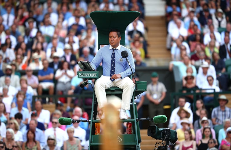 LONDON, ENGLAND - JULY 12: Chair umpire James Keothavong looks on in the Men's Singles semi-final match between Rafael Nadal of Spain and Roger Federer of Switzerland during Day eleven of The Championships - Wimbledon 2019 at All England Lawn Tennis and Croquet Club on July 12, 2019 in London, England. (Photo by Clive Brunskill/Getty Images)