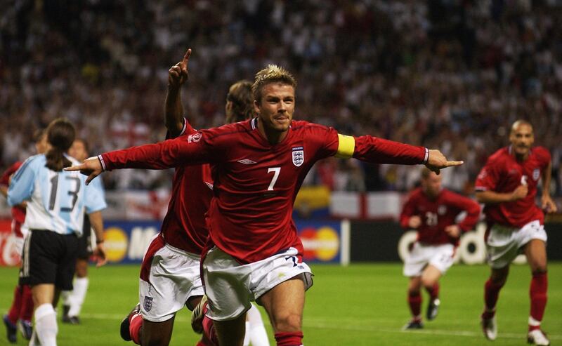 SAPPORO - JUNE 7:  David Beckham Captain of England celebrates scoring during the  Group F against Argentina at the World Cup Group Stage played at the Sapporo Dome, Sapporo, Japan on June 7, 2002.  England won the match 1-0. (Photo by Ross Kinnaird/Getty Images)