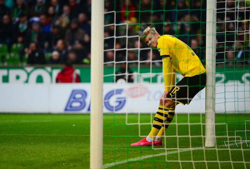 Dortmund's Erling Braut Haaland reacts after a missed chance. AFP