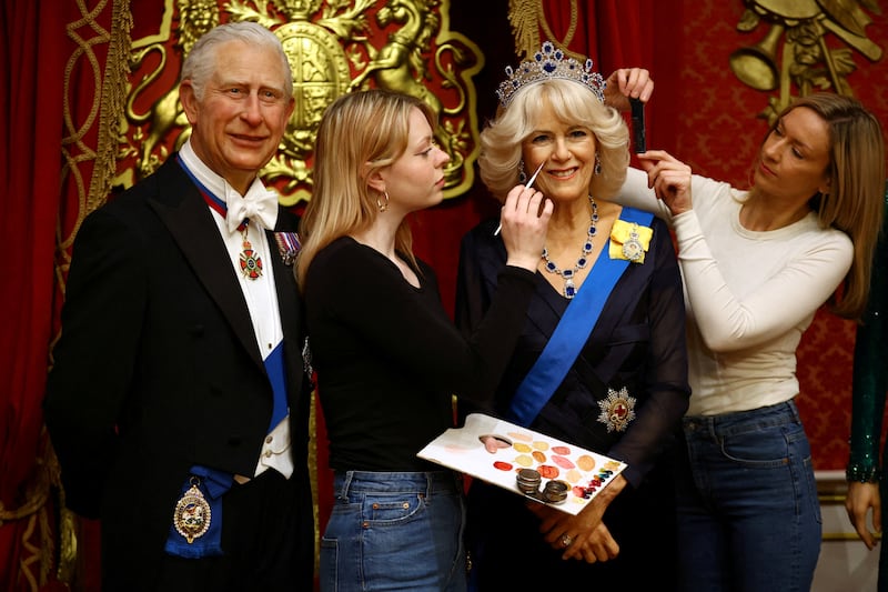 Waxwork representations of Britain’s King Charles III and Queen Consort Camilla at Madame Tussauds in London on Wednesday. Reuters