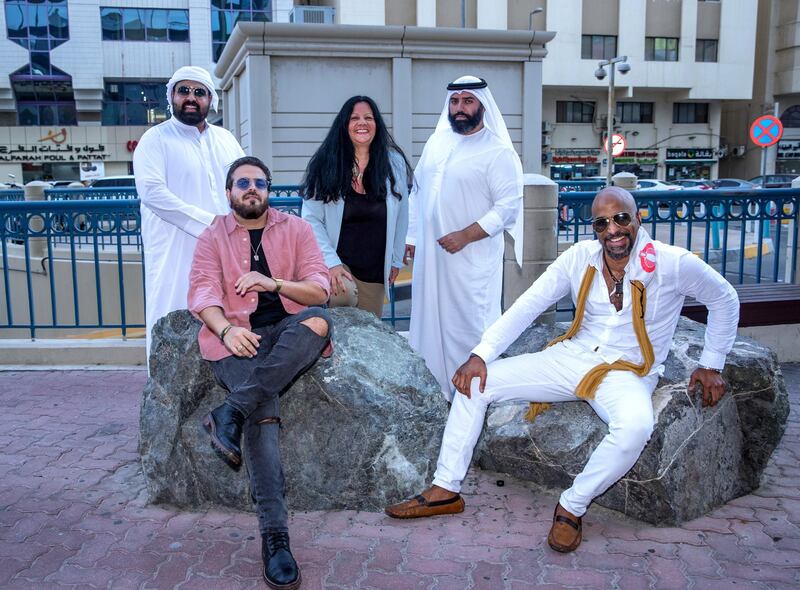 The supporting cast of the Misfits movie, from left, Feez, Ali Aburayya, Rik Aby, Majed Alzubaidi and Milena Schwager. Shot at central Abu Dhabi on June 7, 2021. Victor Besa / The National.
Reporter: Razmig Bedirian for Arts & Culture